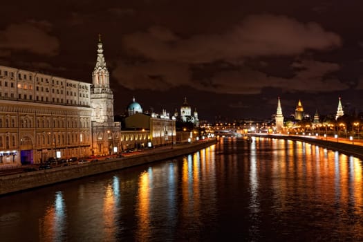 Russia, Moscow, night view of the Moskva River, Bridge and the Kremlin