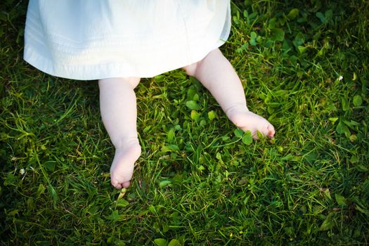  Barefoot baby girl on grass exploring in the park