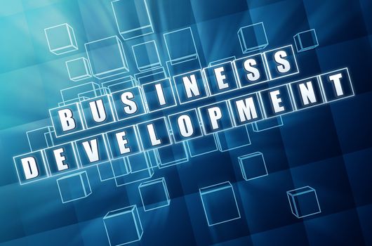 business development - text in 3d blue glass cubes with white letters, growth concept