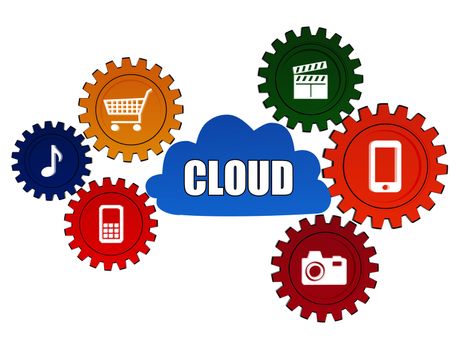 cloud and signs - text and business and it concept symbols in 3d color gearwheels