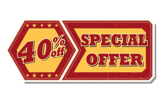 40 percentages off discount special offer - retro style red ocher hexagon and flyer label with text and stars, business concept