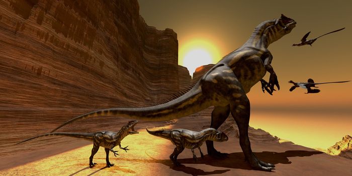 Mother Allosaurus watches as two Archaeopteryx birds fly to mountain cliffs to roost for the night.