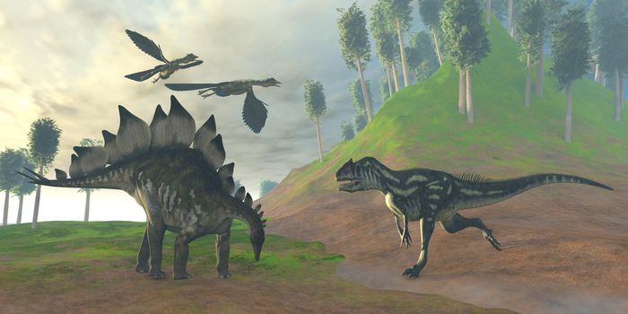 Two Archaeopteryx birds call in alarm as an Allosaurus attacks an unaware Stegosaurus dinosaur.