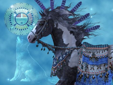 A black paint horse and a wolf are symbols of American Indian culture.