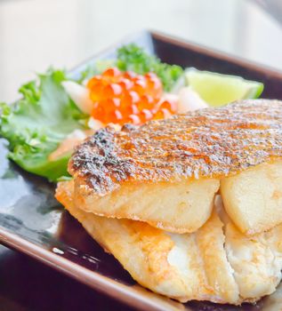 Japanese grilled cod fish and fresh salad with fish egg