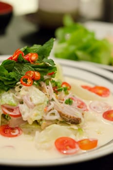 spicy  salad made with vegetable  and  roasted pork