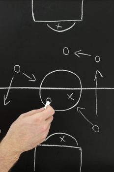 Top view of a football coach hand drawing strategy plan on chalkboard.