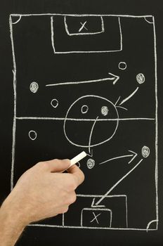 Top view of a man drawing a football game strategy with white chalk on a blackboard. 