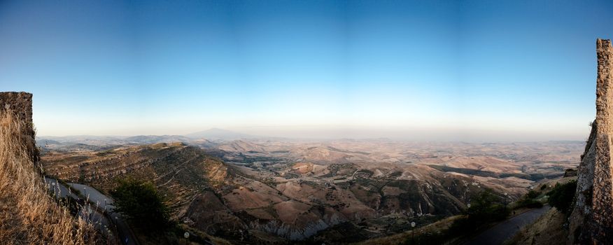 Landscape and castle ruins, Assoro town - Sicily, Italy