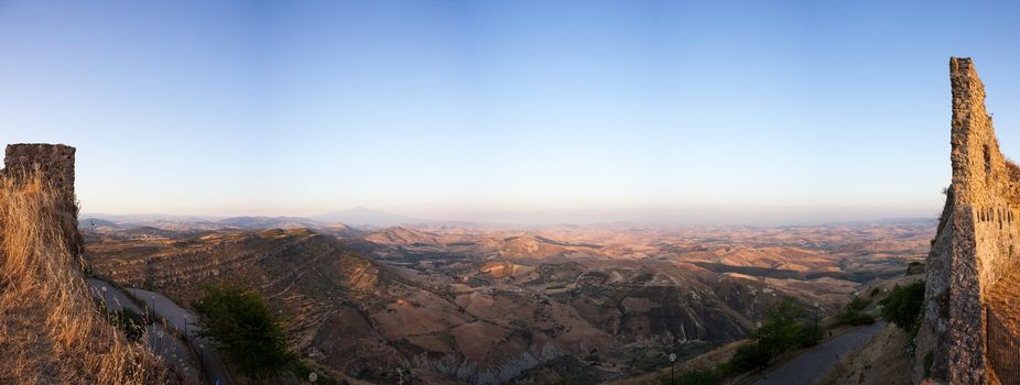 Landscape and castle ruins, Assoro town - Sicily, Italy