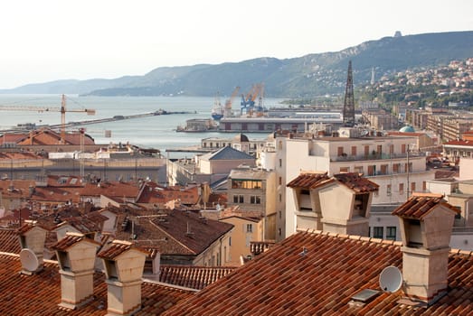 View of Trieste roofs and sea, Italy