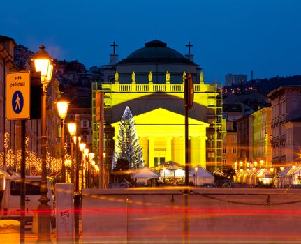 View of St. Antonio cathedral in the christmas day, Trieste - Italy