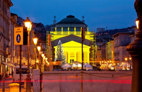View of St. Antonio cathedral in the christmas day, Trieste - Italy