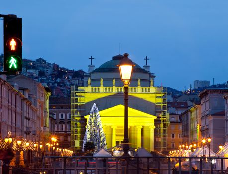View of St. Antonio cathedral in the christmas day, Trieste - Italy