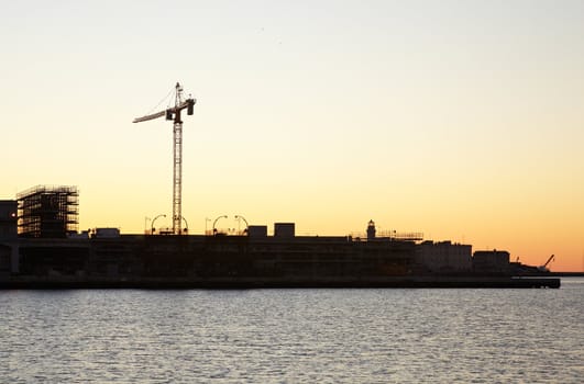 View of Trieste harbor at sunset, Italy