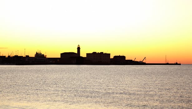 View of Trieste harbor at sunset, Italy
