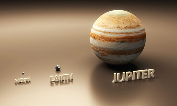 A rendered size-comparence sheet between the Planet Earth, Earth-Moon and Planet Jupiter with in-scene captions.