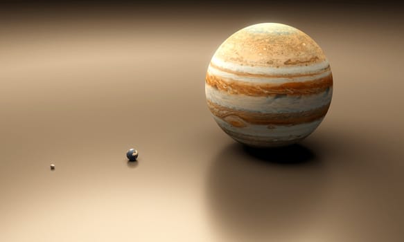 A rendered size-comparence sheet between the Planet Earth, Earth-Moon and Planet Jupiter.