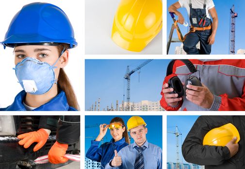 workers with equipment on building background sets