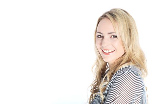 Studio shot of attractive friendly woman on white background with copy space Studio shot of attractive friendly woman on white background with copy space