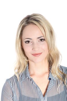 Attractive smiling blonde woman with a gentle serene expression isolated on a white background Attractive smiling woman with a gentle serene expression isolated on a white background