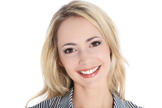 Close up portrait of beautiful smiling woman on white background Close up portrait of beautiful smiling woman on white background