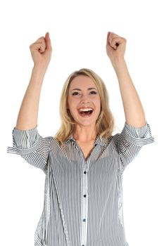 Studio shot of joyful woman with arms raised isolated on white Studio shot of joyful woman with arms raised isolated on white