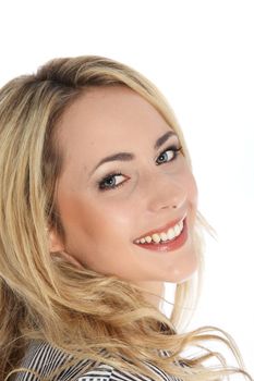 Closeup studio portrait of an attractive vivacious blonde woman with a wide toothy smile isolated on white Closeup studio portrait of an attractive vivacious blonde woman with a wide toothy smile