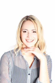 Portrait of a smiling confident young blonde woman with her hand to her chin isolated on white Portrait of a smiling confident young blonde woman with her hand to her chin isolated on white