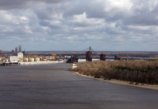 Kiev bussines and industry city landscape on Dnepr river