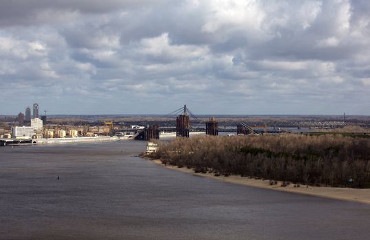 Kiev bussines and industry city landscape on Dnepr river