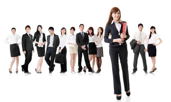 Confident business woman with her team on white background.