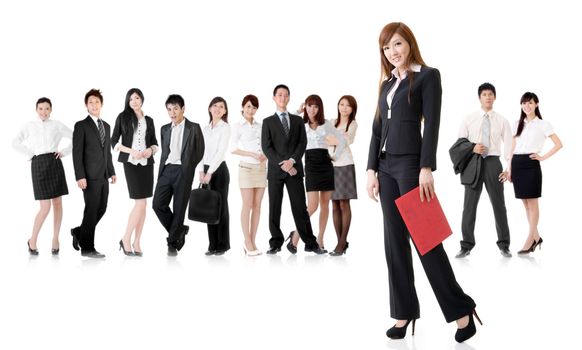 Confident business woman with her team on white background.