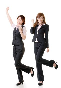 Excited business women, full length portrait of group people isolated on white background.