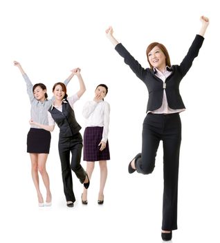 Excited business women, full length portrait of group people isolated on white background.