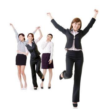 Excited business women, full length portrait of group people isolated on white background.