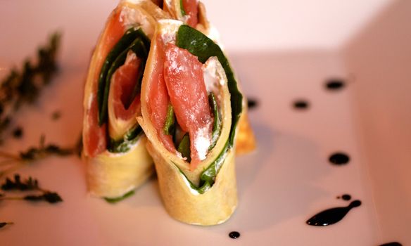 Appetizer with salmon and spinach