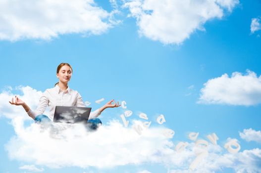 young girl meditating on the clouds with a laptop, dreaming at work