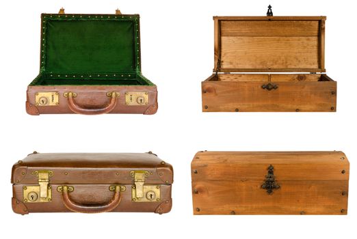 collage of suitcases and chests isolated on white