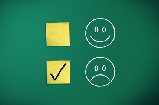 negative feedback rapresentated by emoticons on green chalk board