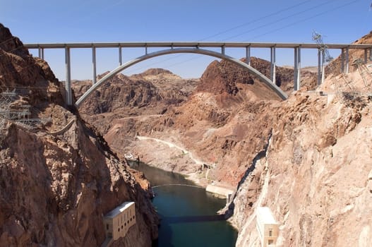 Hoover Dam and Colorado River Bridge, the dam on the Colorado River in Black Canyon, on the border of Arizona and Nevada, USA