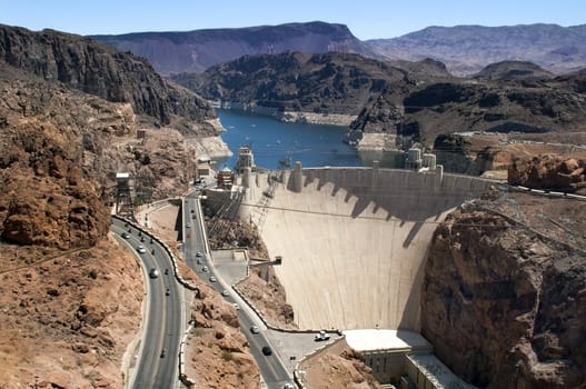 Aerial view of the Colorado River and Hoover Dam, a snapshot taken from a helicopter on the border of Arizona and Nevada, USA