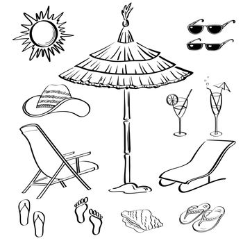 Set objects represent summer, exotic and a beach, black contour on white background.