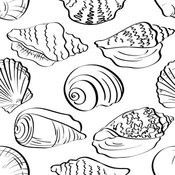 Seamless background, different marine seashells, black contour on white background.
