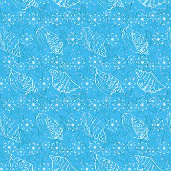 Seamless background, marine seashells and flowers, white contour on blue background.