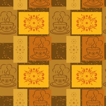 Seamless background, cups with a hot drink and rectangles with floral pattern.