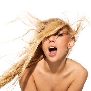 Beautiful blond woman with fluttering hair