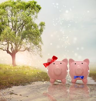 Piggy bank couple in a fantasy landscape