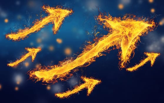 Flaming rising arrows on dark blue background