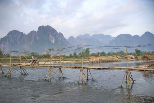 bamboo and wood bridge in vang vieng laos